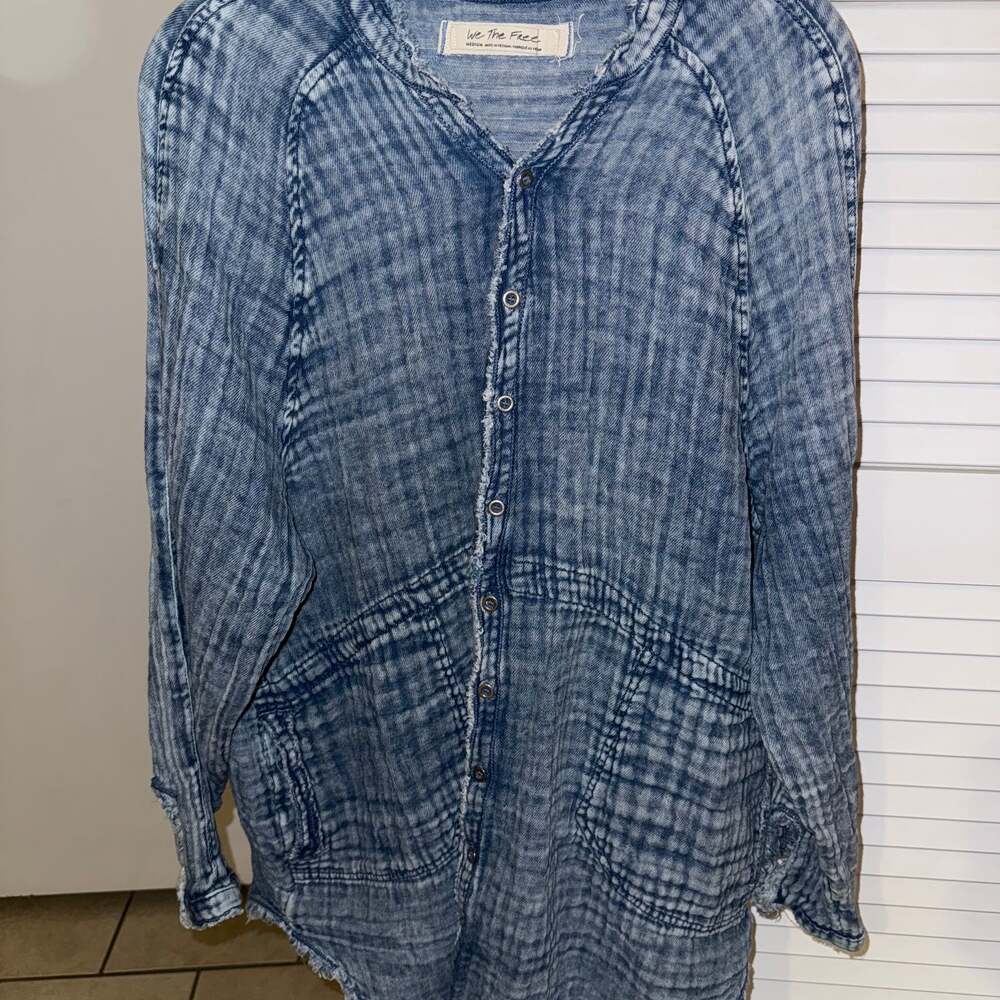 Free People We The Free Blue Button Up Raw Hem Blouse with Side Pockets